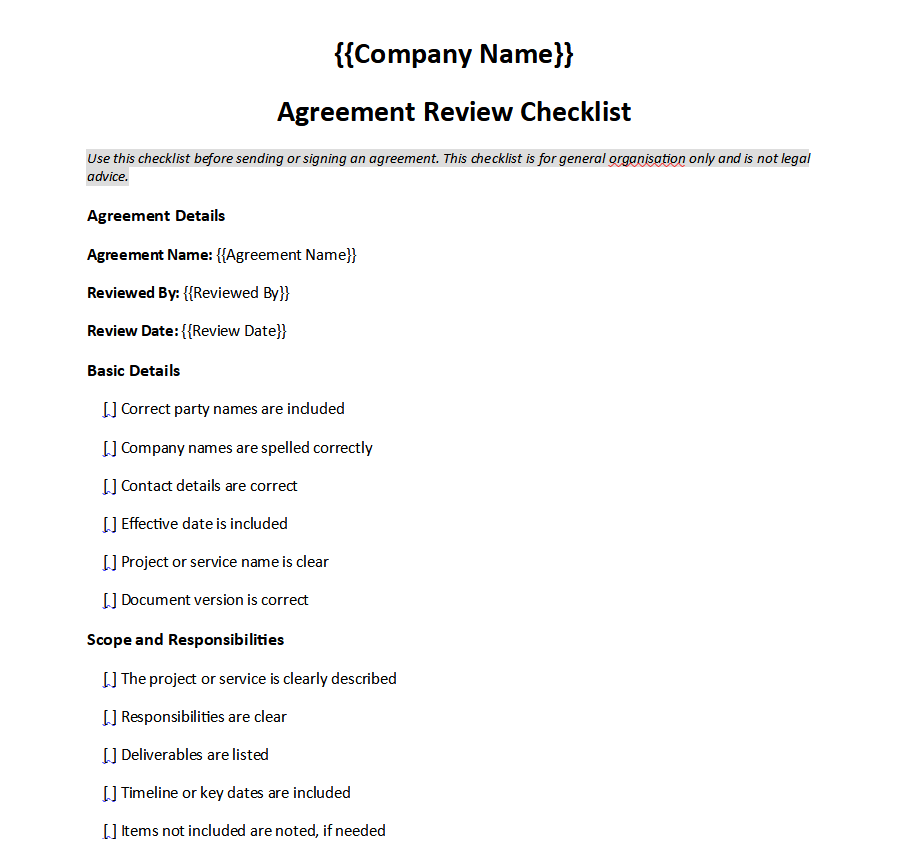Agreement review checklist template preview