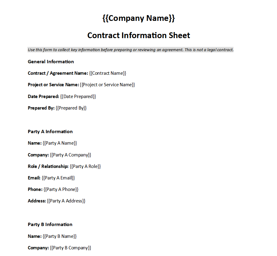 Contract information sheet template preview