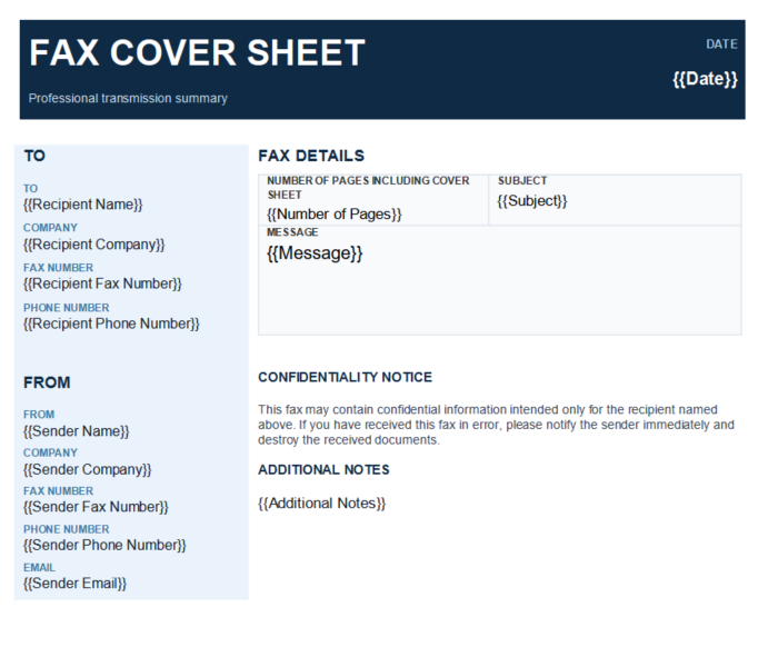 Modern blue fax cover sheet template preview