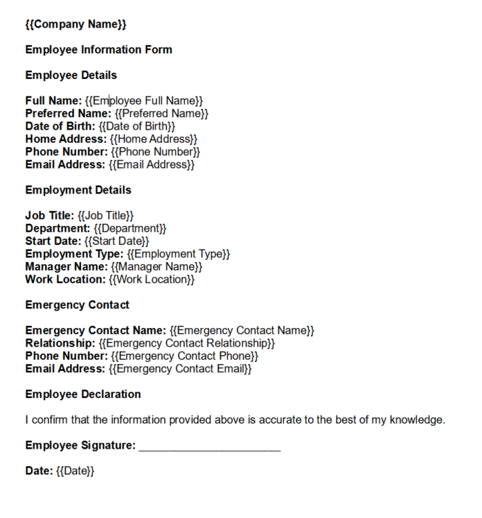 Employee information form template preview
