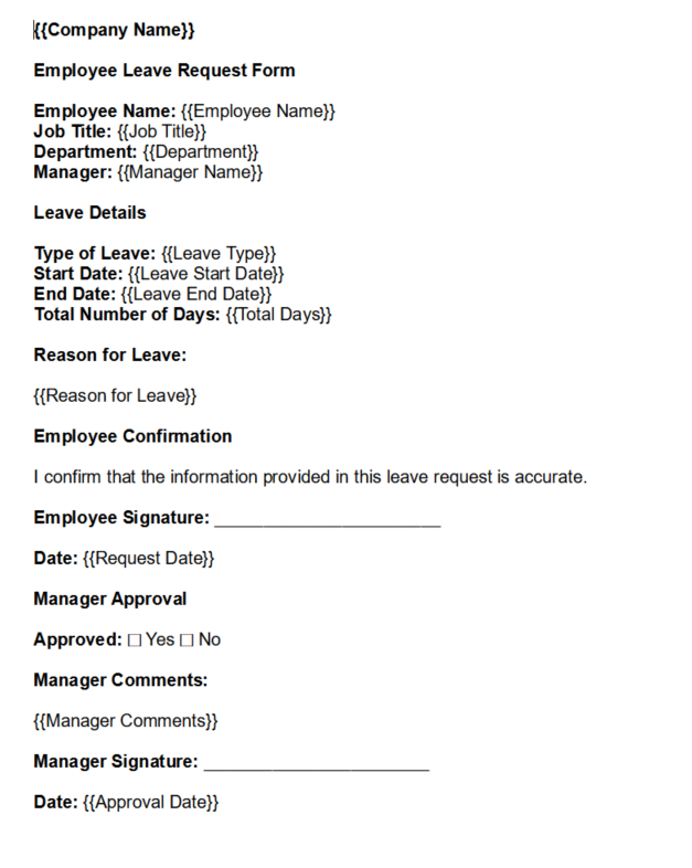 Employee leave request form template preview
