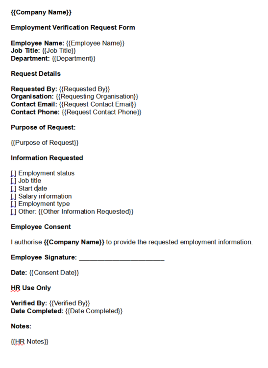 Employment verification request form template preview