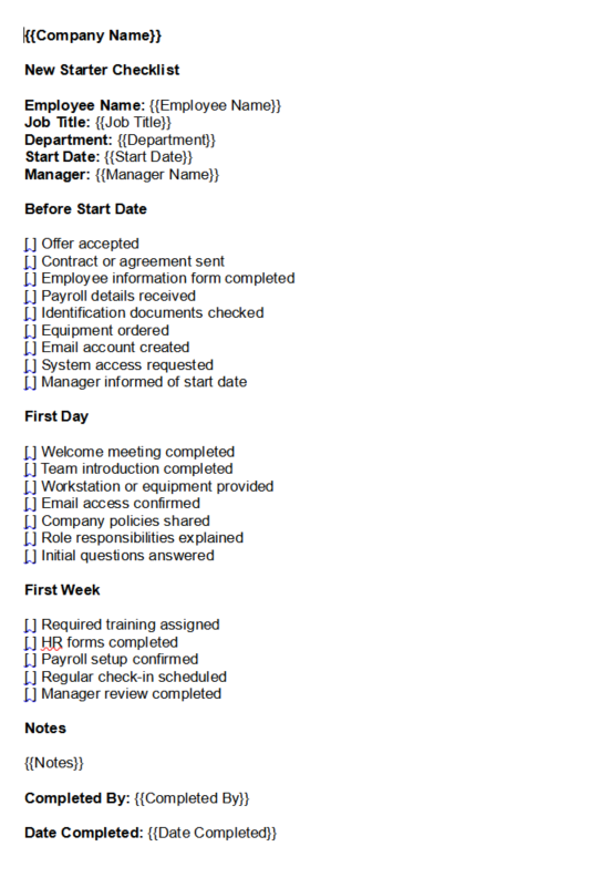 New starter checklist template preview