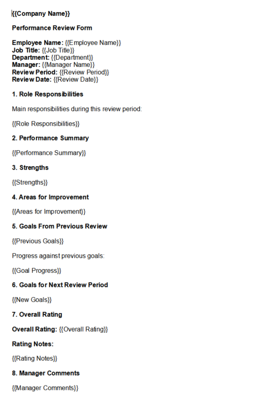 Performance review form template preview